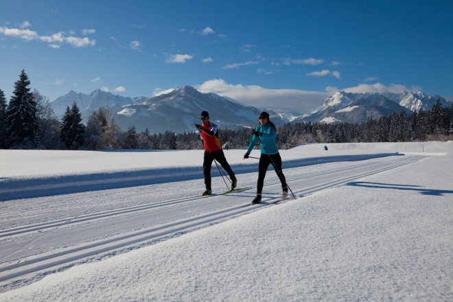 Mann mit roter Jacke und Frau mit blauer Jacke fahren auf Langlaufski auf einer Loipe.