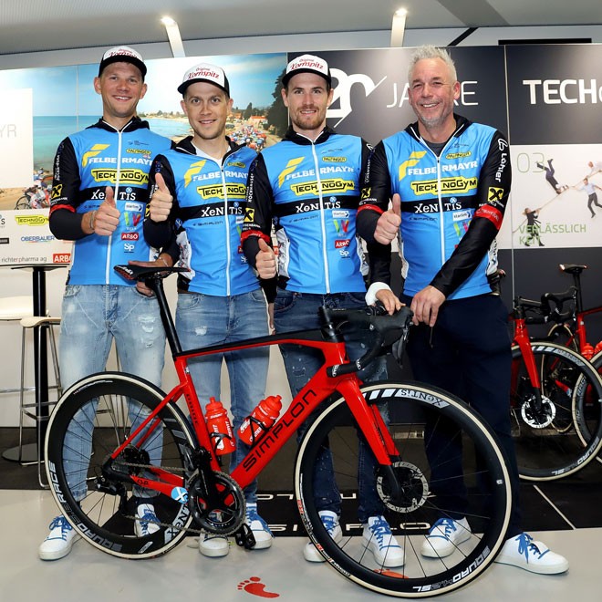 Team Felbermayer Simplon Wels posing in new clothes.