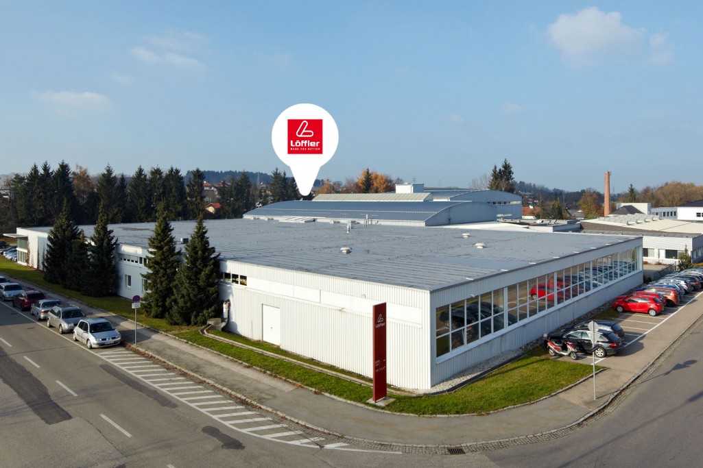 A marker shows the entrance to the factory outlet at Löffler's headquarters in Ried im Innkreis.