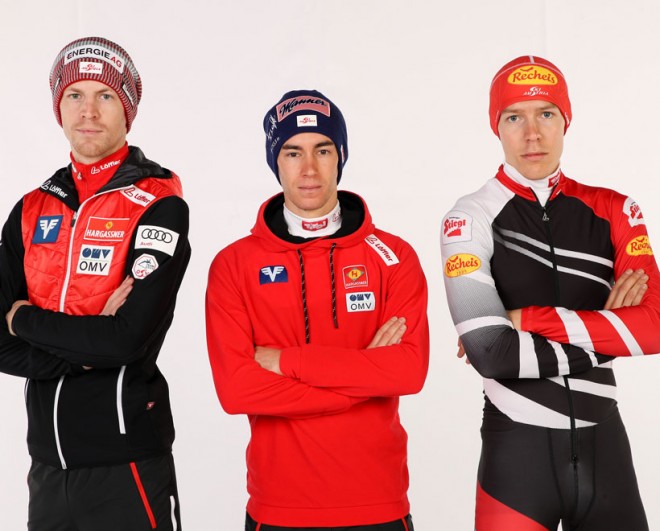 ÖSV Stars Michael Hayböck Stefan Kraft & Franz-Josef Rehrl with Löffler clothing.